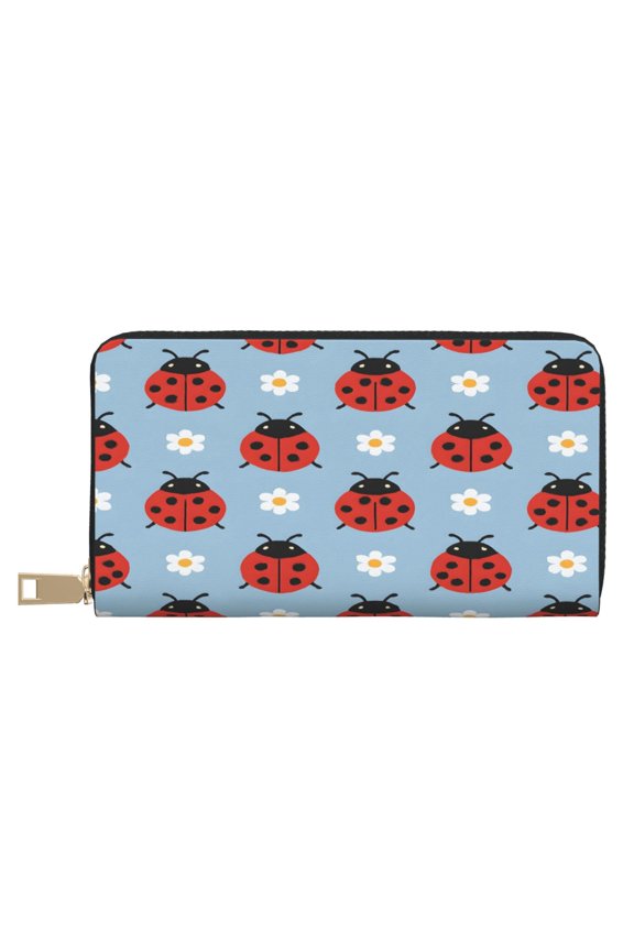 Leather Wallet Long Pu Leather Slim Lightweight Waterproof Large Capacity 12 Card Slots 3 Cash Pockets Coin Compartment For Women Girls Ladybug And Daisy