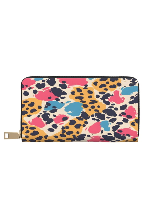 Leather Wallet Long Pu Leather Slim Lightweight Waterproof Large Capacity 12 Card Slots 3 Cash Pockets Coin Compartment For Women Girls Leopard Print Pattern Rainbow_1
