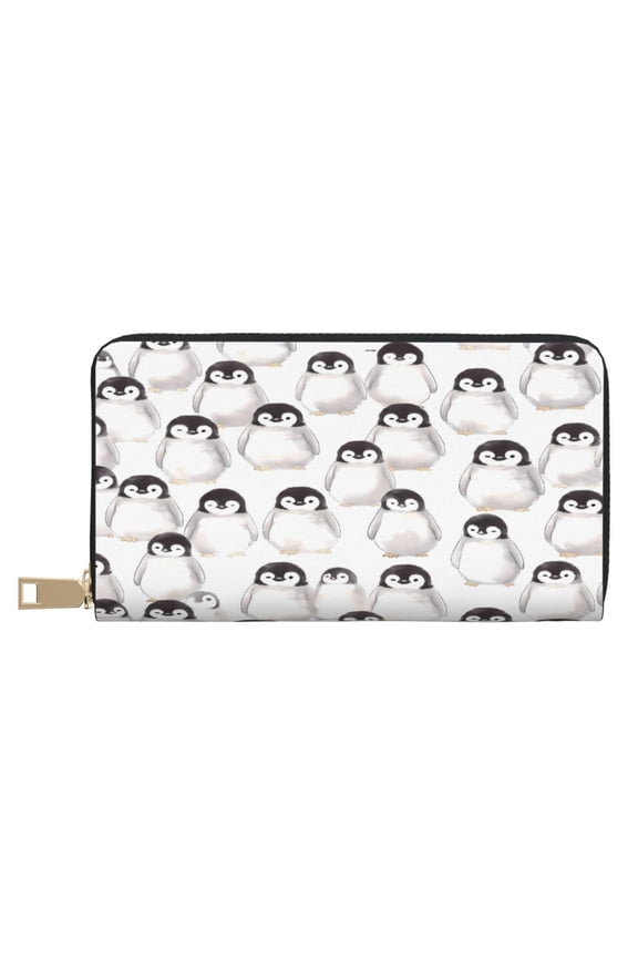 Leather Wallet Long Pu Leather Slim Lightweight Waterproof Large Capacity 12 Card Slots 3 Cash Pockets Coin Compartment For Women Girls Little Penguin