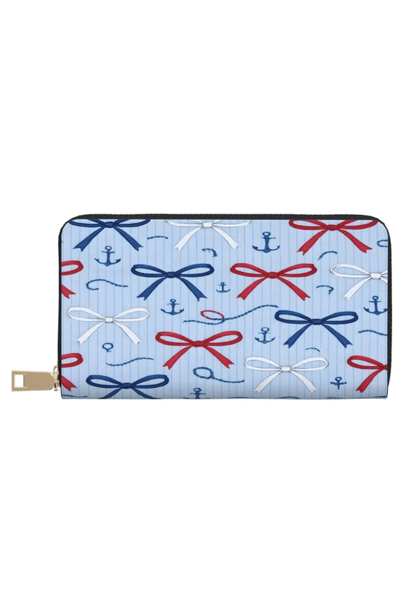 Leather Wallet Long Pu Leather Slim Lightweight Waterproof Large Capacity 12 Card Slots 3 Cash Pockets Coin Compartment For Women Girls Nautical Theme Thin Ribbon Bow Pattern