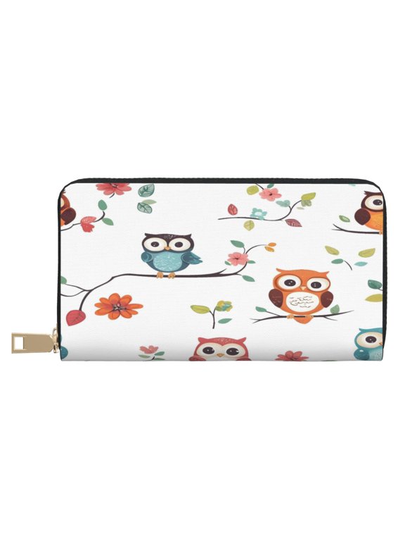 Leather Wallet Long Pu Leather Slim Lightweight Waterproof Large Capacity 12 Card Slots 3 Cash Pockets Coin Compartment For Women Girls The Owl Stands On The Branch