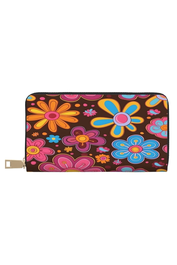Leather Wallet Long Pu Leather Slim Lightweight Waterproof Large Capacity 12 Card Slots 3 Cash Pockets Coin Compartment For Women Girls Retro Groovy Flowers Pattern (8)
