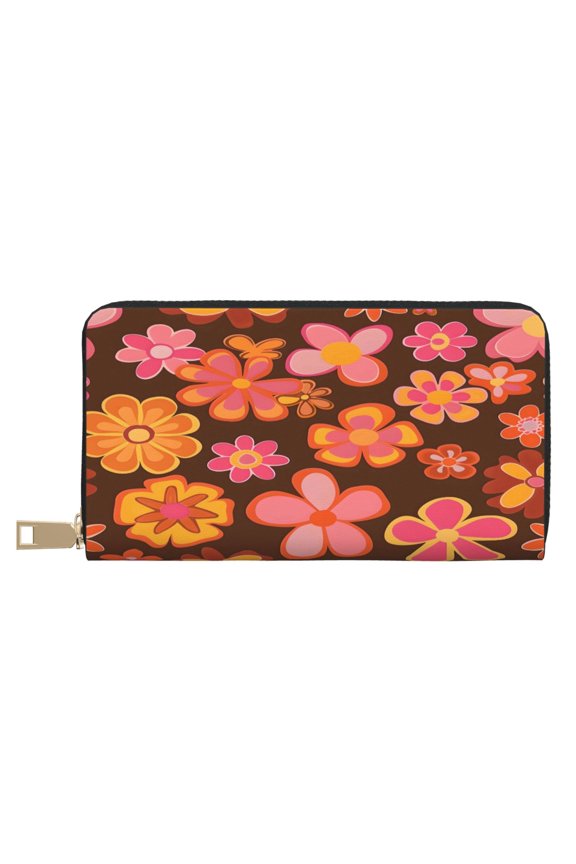 Leather Wallet Long Pu Leather Slim Lightweight Waterproof Large Capacity 12 Card Slots 3 Cash Pockets Coin Compartment For Women Girls Retro Groovy Flowers Pattern (11)