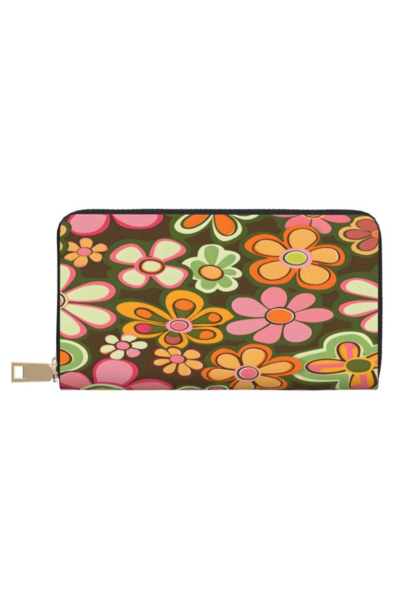 Leather Wallet Long Pu Leather Slim Lightweight Waterproof Large Capacity 12 Card Slots 3 Cash Pockets Coin Compartment For Women Girls Retro Groovy Flowers Pattern (2)