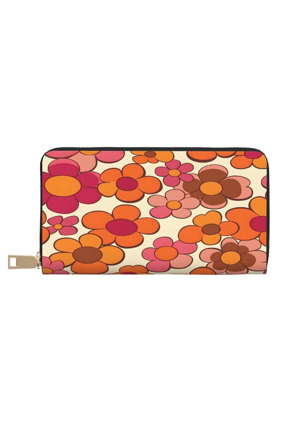 Leather Wallet Long Pu Leather Slim Lightweight Waterproof Large Capacity 12 Card Slots 3 Cash Pockets Coin Compartment For Women Girls Retro Groovy Flowers Pattern (12)