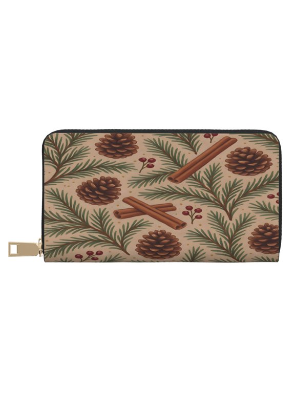 Leather Wallet Long Pu Leather Slim Lightweight Waterproof Large Capacity 12 Card Slots 3 Cash Pockets Coin Compartment For Women Girls Rustic Pine And Pinecone Pattern