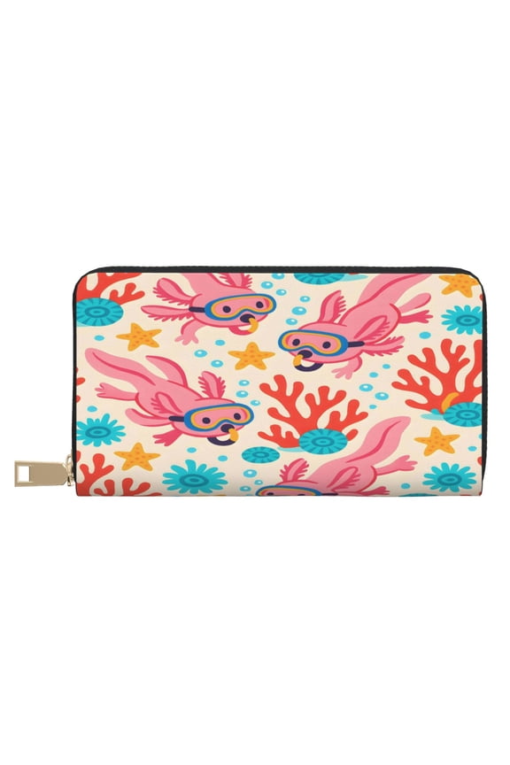 Leather Wallet Long Pu Leather Slim Lightweight Waterproof Large Capacity 12 Card Slots 3 Cash Pockets Coin Compartment For Women Girls Tropical Reef Axolotls - Bright Vacation
