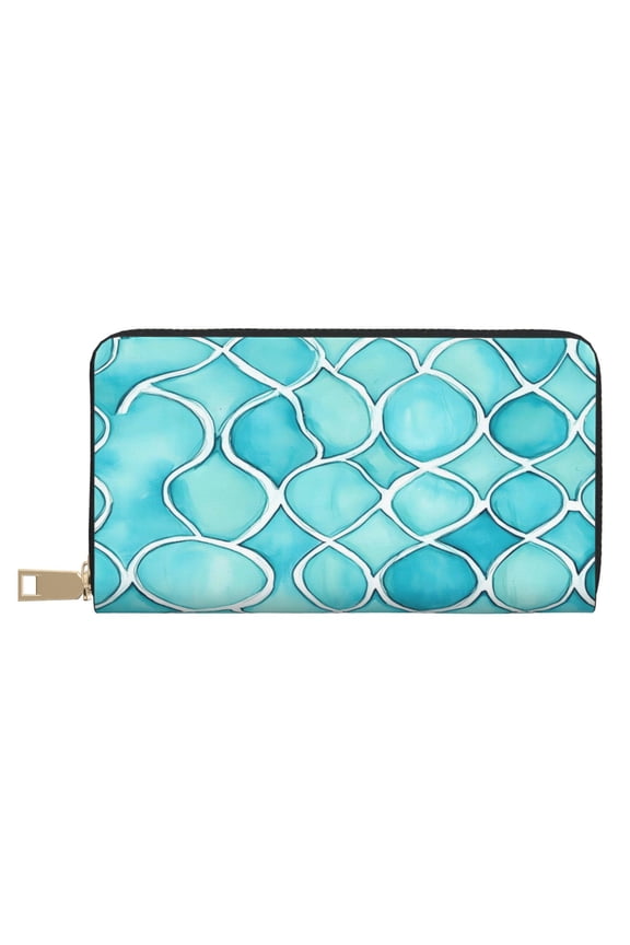Leather Wallet Long Pu Leather Slim Lightweight Waterproof Large Capacity 12 Card Slots 3 Cash Pockets Coin Compartment For Women Girls Turquoise Moroccan Trellis Hand-Drawn Sketch_4