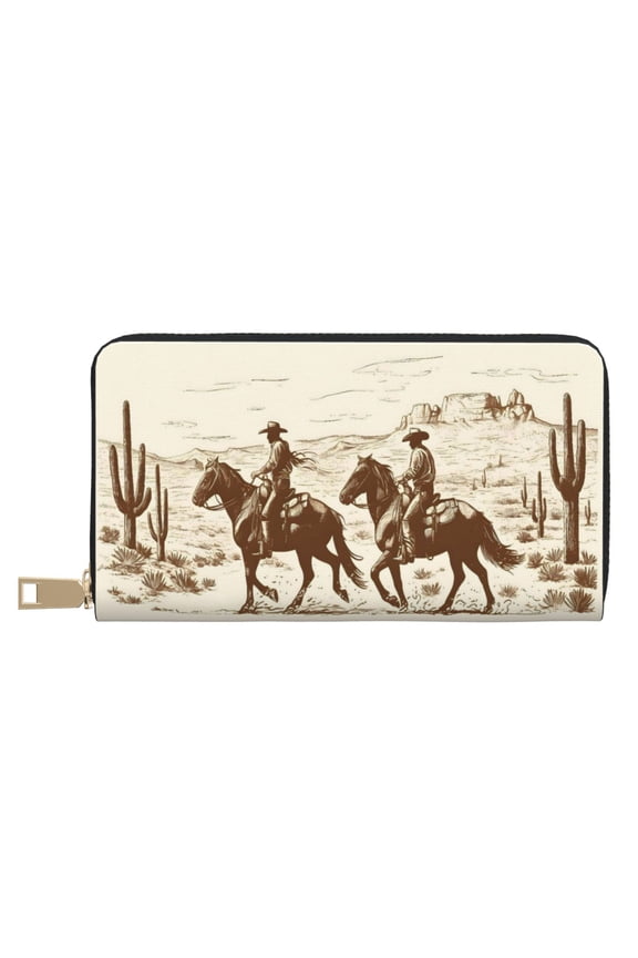 Leather Wallet Long Pu Leather Slim Lightweight Waterproof Large Capacity 12 Card Slots 3 Cash Pockets Coin Compartment For Women Girls Two Cowboys Riding Horses