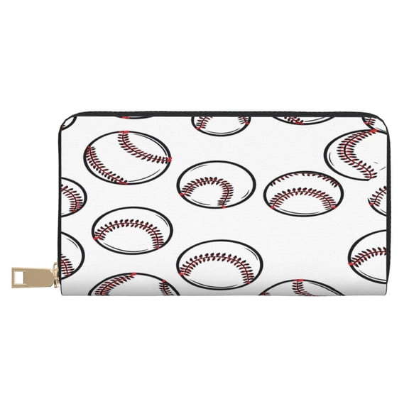 Leather Wallet Long Pu Leather Slim Lightweight Waterproof Large Capacity 12 Card Slots 3 Cash Pockets Coin Compartment For Women Girls White Baseballs With Classic Red Stitching