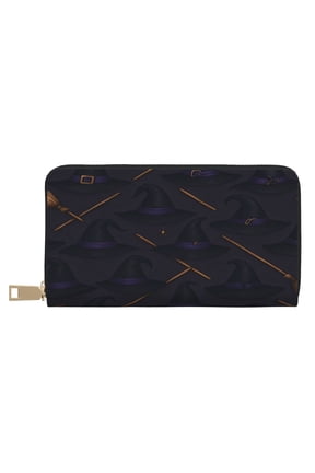 Leather Wallet Long Pu Leather Slim Lightweight Waterproof Large Capacity 12 Card Slots 3 Cash Pockets Coin Compartment For Women Girls Witch Hat And Broomstick Halloween Pattern