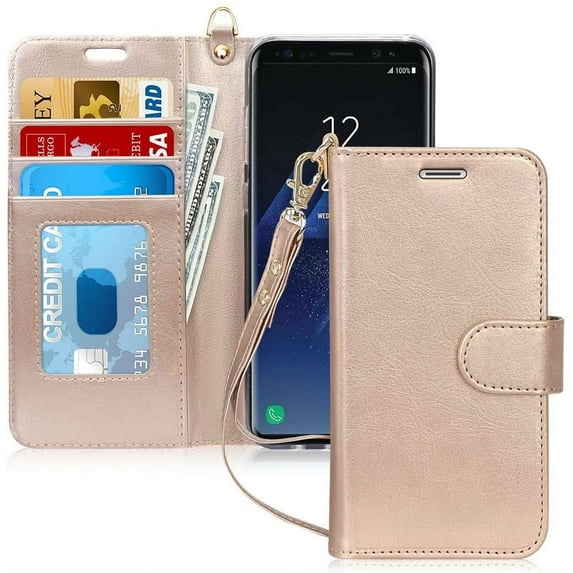 Leather Wallet Magnetic Flip Case with strap and picture slot (Gold) Cover For iPhone 8