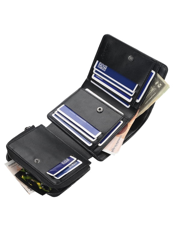 Leather Wallet, Moclever Mens Trifold Zipper Wallet with ID Window 14 Credit Card 1 ID Card Gifts