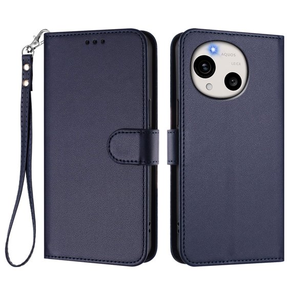 Leather Wallet Phone Case, 3 Card Slots Flip Folio Cover with Kickstand, Hand Strap, Shockproof Protective Phone Purse Case Compatible with Sharp Aquos R11-Blue
