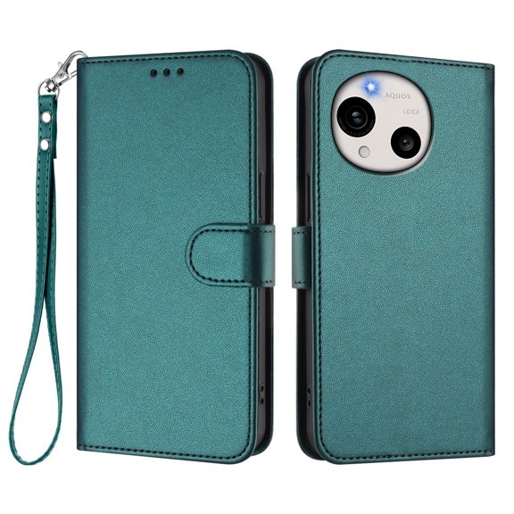 Leather Wallet Phone Case, 3 Card Slots Flip Folio Cover with Kickstand, Hand Strap, Shockproof Protective Phone Purse Case Compatible with Sharp Aquos R11-Green