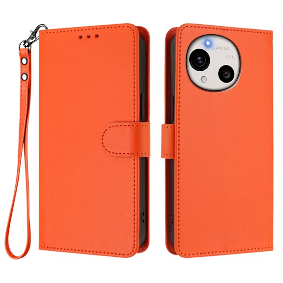 Leather Wallet Phone Case, 3 Card Slots Flip Folio Cover with Kickstand, Hand Strap, Shockproof Protective Phone Purse Case Compatible with Sharp Aquos R11-Orange