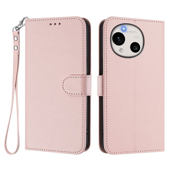 Leather Wallet Phone Case, 3 Card Slots Flip Folio Cover with Kickstand, Hand Strap, Shockproof Protective Phone Purse Case Compatible with Sharp Aquos R11-Pink