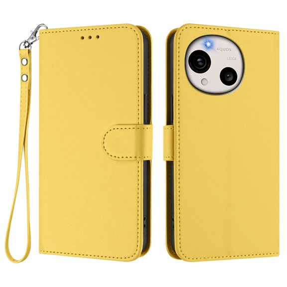Leather Wallet Phone Case, 3 Card Slots Flip Folio Cover with Kickstand, Hand Strap, Shockproof Protective Phone Purse Case Compatible with Sharp Aquos R11-Yellow