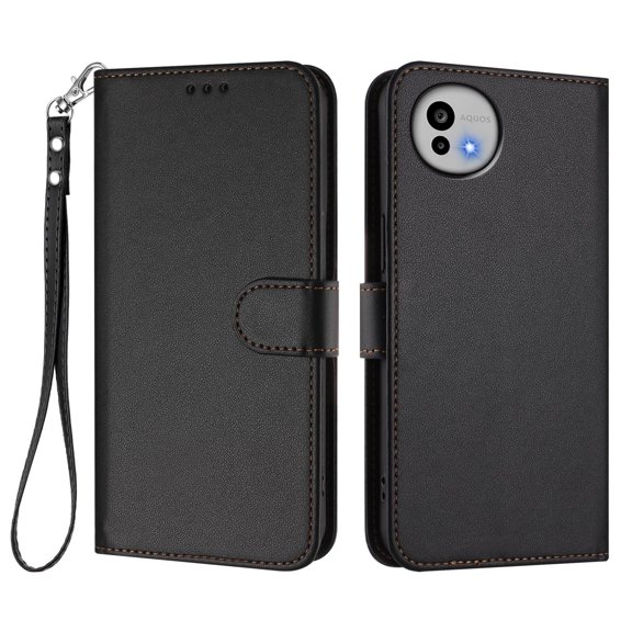 Leather Wallet Phone Case, 3 Card Slots Flip Folio Cover with Kickstand, Hand Strap, Shockproof Protective Phone Purse Case Compatible with Sharp Aquos Wish 6-Black