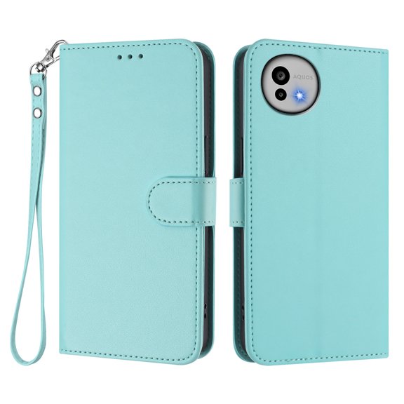 Leather Wallet Phone Case, 3 Card Slots Flip Folio Cover with Kickstand, Hand Strap, Shockproof Protective Phone Purse Case Compatible with Sharp Aquos Wish 6-Mint Green