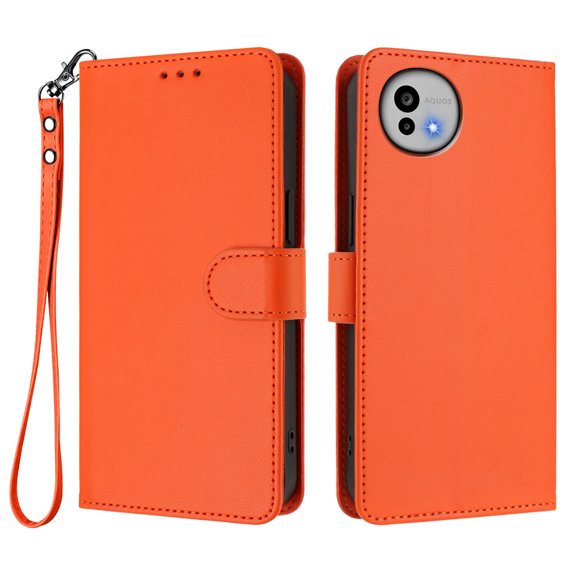 Leather Wallet Phone Case, 3 Card Slots Flip Folio Cover with Kickstand, Hand Strap, Shockproof Protective Phone Purse Case Compatible with Sharp Aquos Wish 6-Orange