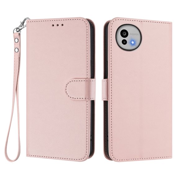 Leather Wallet Phone Case, 3 Card Slots Flip Folio Cover with Kickstand, Hand Strap, Shockproof Protective Phone Purse Case Compatible with Sharp Aquos Wish 6-Pink