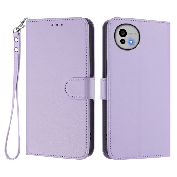 Leather Wallet Phone Case, 3 Card Slots Flip Folio Cover with Kickstand, Hand Strap, Shockproof Protective Phone Purse Case Compatible with Sharp Aquos Wish 6-Purple