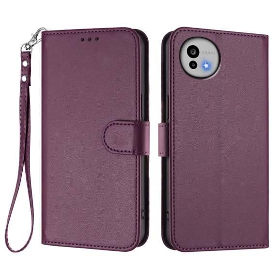 Leather Wallet Phone Case, 3 Card Slots Flip Folio Cover with Kickstand, Hand Strap, Shockproof Protective Phone Purse Case Compatible with Sharp Aquos Wish 6-Violet
