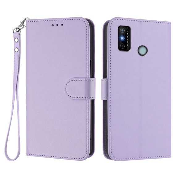 Leather Wallet Phone Case, 3 Card Slots Flip Folio Cover with Kickstand, Hand Strap, Shockproof Protective Phone Purse Case Compatible with TECNO SPARK 6 GO/SPARK go 2020/2021-Purple