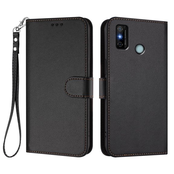 Leather Wallet Phone Case, 3 Card Slots Flip Folio Cover with Kickstand, Hand Strap, Shockproof Protective Phone Purse Case Compatible with TECNO SPARK 6 GO/SPARK go 2020/2021-Black