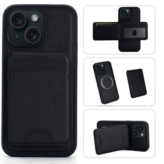 Leather Wallet Phone Cases Compatible with iPhone 15 Case with Card Holder for Men/Women 2 in 1 Detachable Back Cover,Magnetic PU Leather RFID Blocking Flip Kickstand Credit Slots,Black