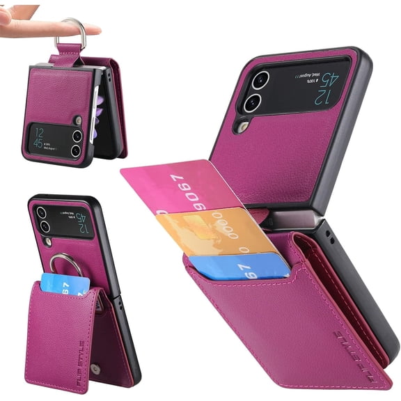 Leather Wallet Stand Phone Case with Ring for Samsung Galaxy Z Flip 4/3 / 2/1, Double Layer Card Holder Business Back Cover, Lychee Pattern Bracket Shell(Purple,Z Flip 4)