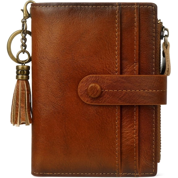Leather Wallet Women, Blocking Small Wallets for Women Compact Bifold Wallet Card Holder With Zipper  Pocket Brown