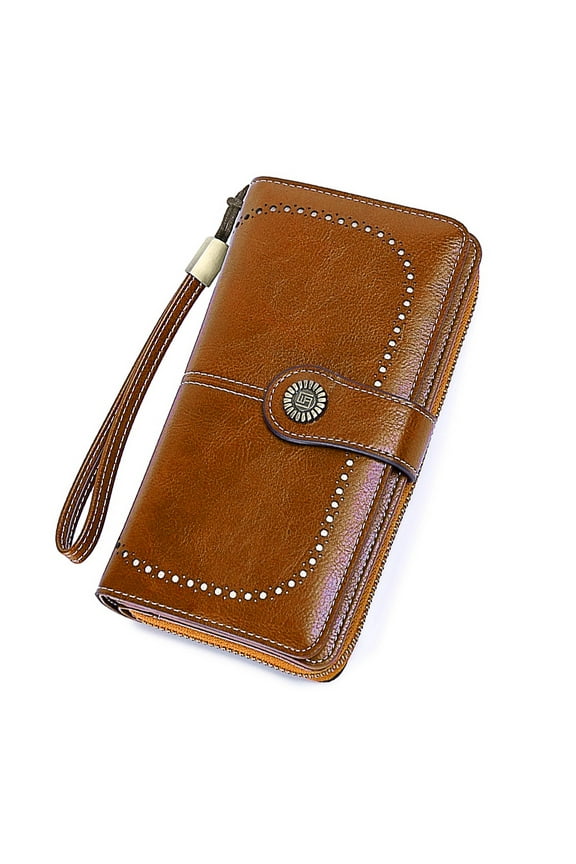 Leather Wallet Women Rfid Blocking Large Capacity, Zip Around Long Wallet - Pu Phone Clutch Purse, Trifold Ladies Wallets Coins Zipper Pocket with Id Window, Card Holder Wristlet, Brown