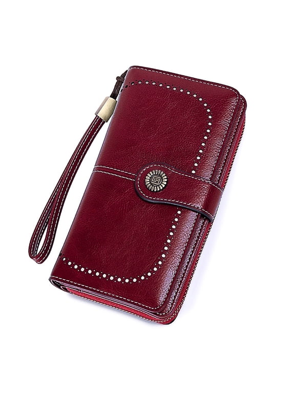 Leather Wallet Women Rfid Blocking Large Capacity, Zip Around Long Wallet - Pu Phone Clutch Purse, Trifold Ladies Wallets Coins Zipper Pocket with Id Window, Card Holder Wristlet, Red