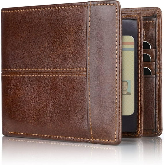 Leather Wallet for Mens RFID Blocking Bifold Wallets with 1 ID Window 15 Card Slots