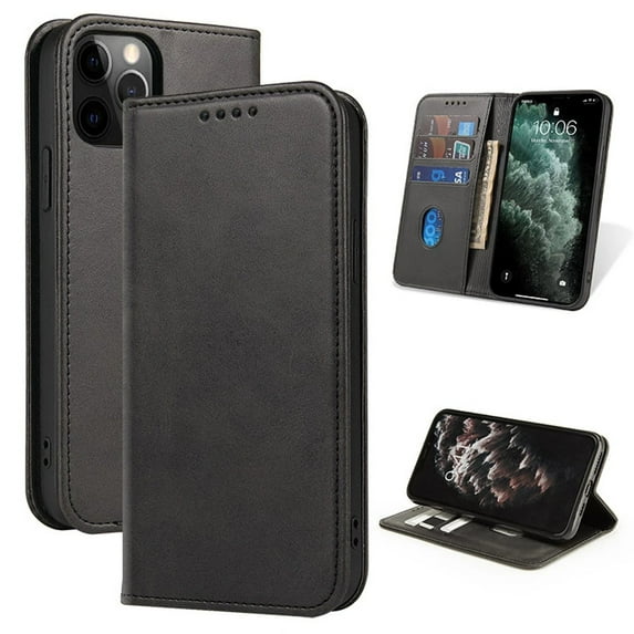Leather Wallet iPhone 13 Pro Max Case (Black) Magnetic Folio Card Slot Holder Flip Kickstand Shockproof Cover