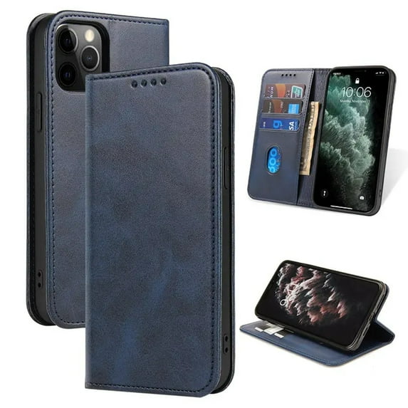 Leather Wallet iPhone 16 Case (Blue) Magnetic Folio Card Slot Holder Flip Kickstand Shockproof Cover