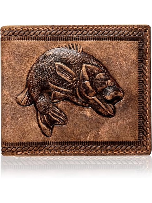 Leather Wallets For Men- 3D Embossed Fish Design Bifold Leather Wallet With RFID Protection Two Cash Pockets, Two Hidden Slots And Nine Card Slots (Vintage Tan)