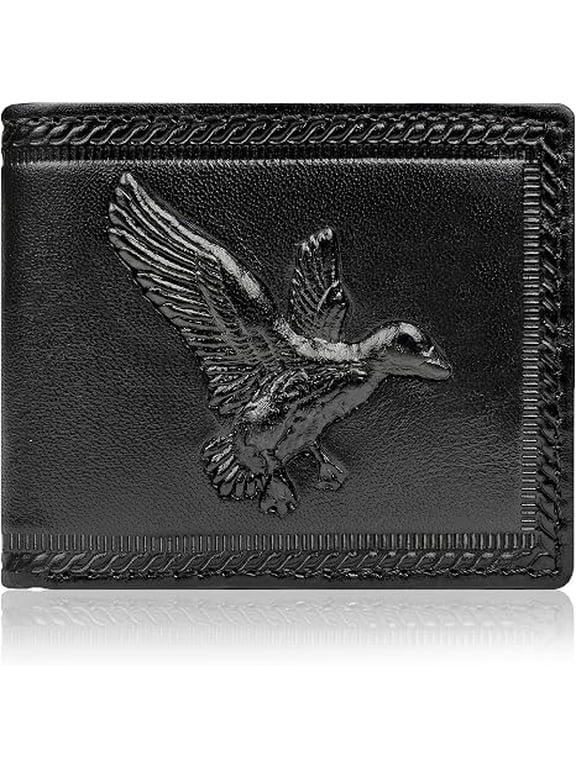 Leather Wallets for Men - 3D Embossed Flying Duck Bifold with RFID Blocking, 1 ID Window, 9 Card Slots & Cash Pocket - Waterfowl Hunting Outdoors Genuine Leather (Jet Black)