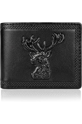 Leather Wallets for Men - 3D Embossed Realistic Deer Head Bifold with RFID Blocking, 1 ID Window, 9 Card Slots & Cash Pocket - Hunting Outdoors Genuine Leather (Jet Black)