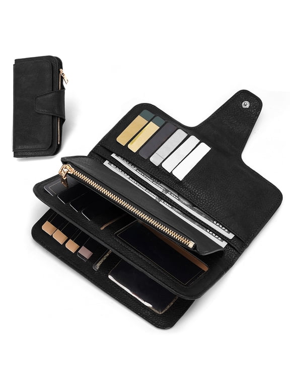 Leather Wallets for Men, Bifold Wallet Slim Minimalist for Women with RFID Blocking, Card Holders, ID Window, Money Clip, Coin Pocket, Black
