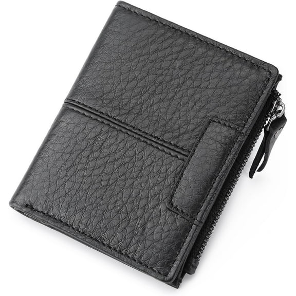 Leather Wallets for Men, Men's Genuine Leather Slim Wallet Bifold Credit Card Wallet RFID Blocking ID Window Card Case with Zip Coin Pocket (Black)