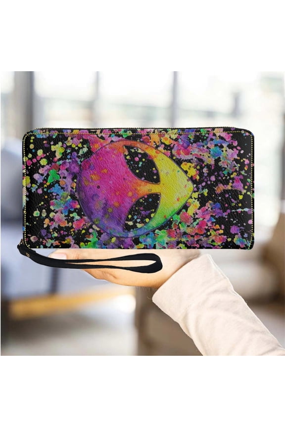 Leather Wallets for Women Purse Cartoon Alien Design Wristlet Clutch Cell Ph Wallet Woman Casual Long Change Case Female Bag
