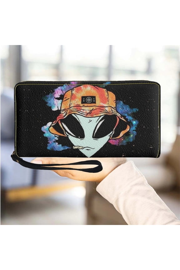 Leather Wallets for Women Purse Cartoon Alien Design Wristlet Clutch Cell Ph Wallet Woman Casual Long Change Case Female Bag