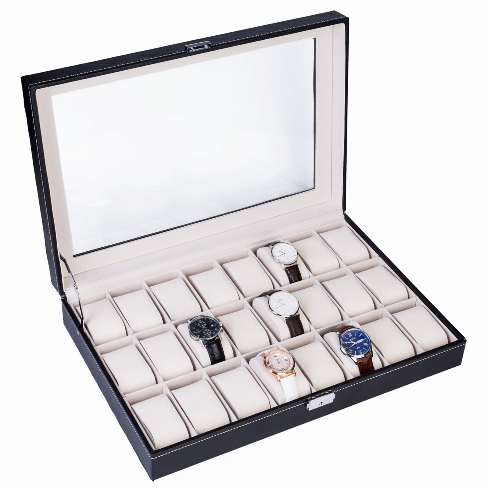 Leather Watch Collection Box 24 Compartments Top-level Opening Style, Black