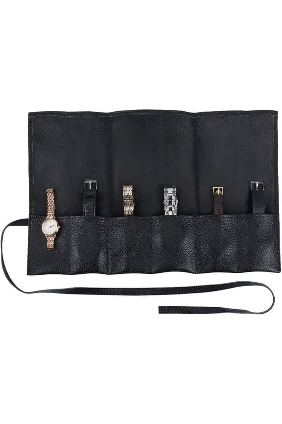 Leather Watch Roll with 6 Pockets Black Leather Wrist Watch Roll Case Portable Watch Roll Watch Organizer for Watch Storage Travel Trip Outdoor Storage Nice Gift 15.4x9.7 Inch DIY