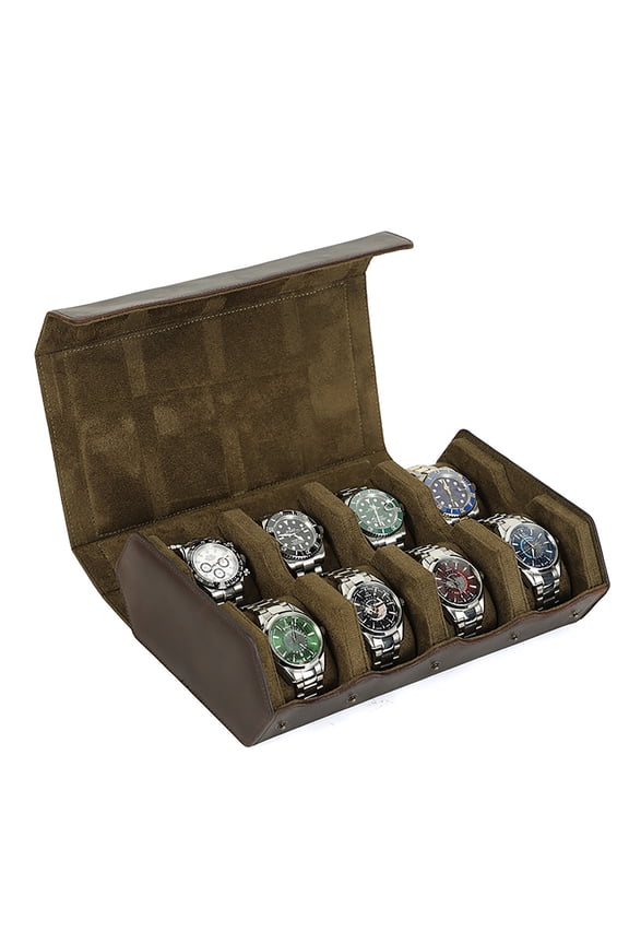 Leather Watch Storage Box  8-Slot Organizer for Watches, Vintage Crazy Horse Leather Case with Soft Lining, Snap Closure, Detachable Cushions for Travel & Display