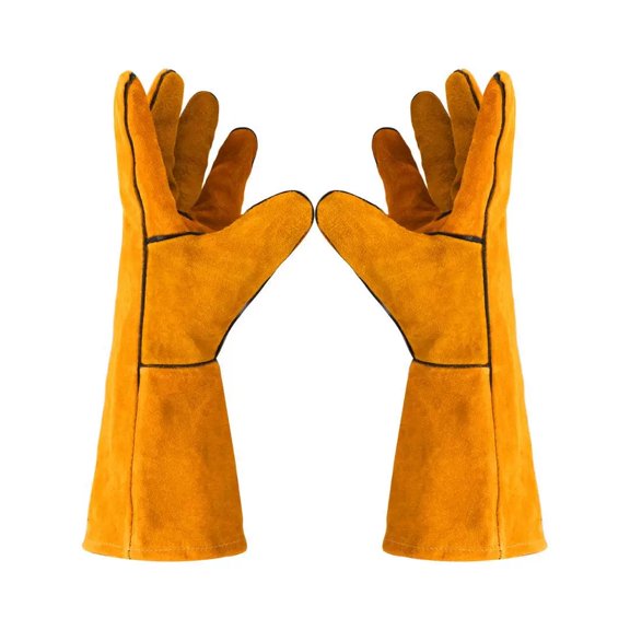 Leather Welding Gloves Long Gauntlet Heat Resistant Work Gloves with Reinforced Palm, Fourchettes Finger Design, Breathable Sweat-Absorbing Lining for Forge Grill Fireplace Welding Yellow