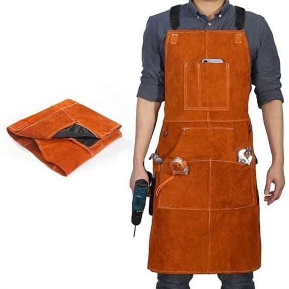 Leather Welding Work Apron with 6 Tool Pockets, Heat & Flame Resistant Welder Aprons, 24" x 36", Adjustable M to XXXL Brown
